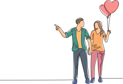 One single line drawing of young happy man and woman couple take a walk together and holding a heart shaped balloon. Romantic marriage love concept continuous line draw design illustration png