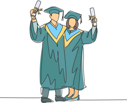 One continuous line drawing of young happy couple college student show their graduation roll letter to celebrate their graduate. Education college concept. Single line draw design illustration png