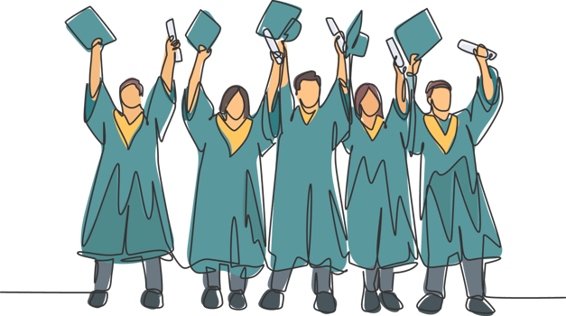 One single line drawing of group of male and female college student lift up their cap to the air to celebrate their school graduation. Education concept continuous line draw design illustration png