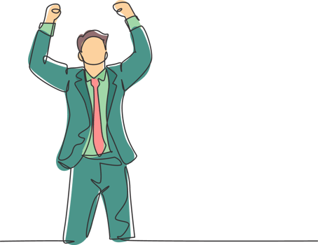 One single line drawing of young happy CEO standing and fist his hands to the air to celebrate new funding from investor. Business funding concept continuous line draw design illustration png