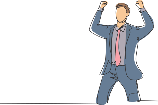 One single line drawing of young happy CEO standing and fist his hands to the air to celebrate new funding from investor. Business funding concept continuous line draw design illustration png