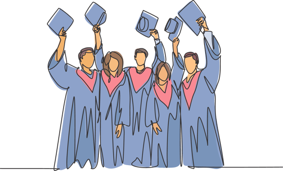 One single line drawing of group of male and female college student lift up their cap to the air to celebrate their school graduation. Education concept continuous line draw design illustration png
