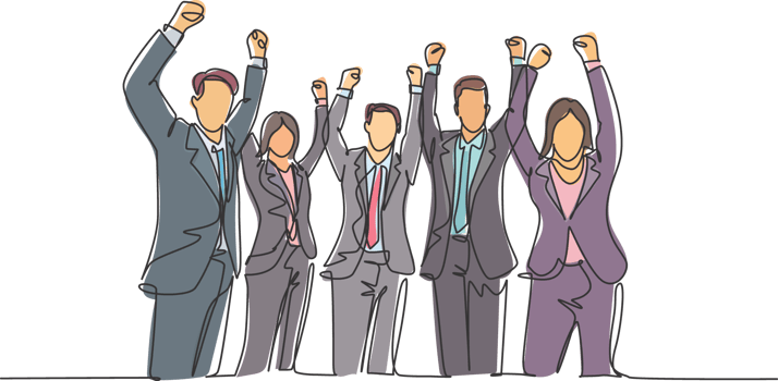 One single line drawing of group of young happy ceo and his colleagues celebrating their success achieving the company business target. Team work goal concept continuous line draw design illustration png