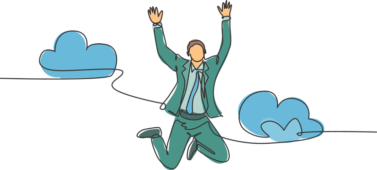 One line drawing of young happy and energetic business man stretch out his hands into the air and jumping over the cloud. Business celebration concept continuous line draw design illustration png