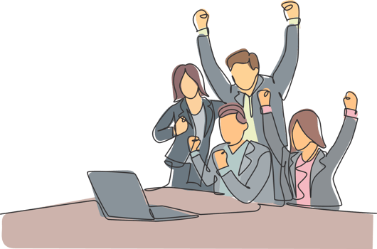 One continuous line drawing of young happy male start up CEO and his subordinates celebrating their success achieve the business target. Team work goal concept single line draw design illustration png