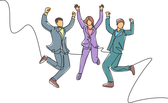 One line drawing of young happy business man and business woman jumping to celebrate their successive business. Business deal celebration concept. Continuous line draw design illustration png
