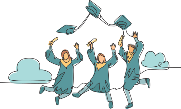 One line drawing group of young happy graduate male and female college student jumping and wear graduation gown. Education celebration concept. Continuous line draw graphic design illustration png