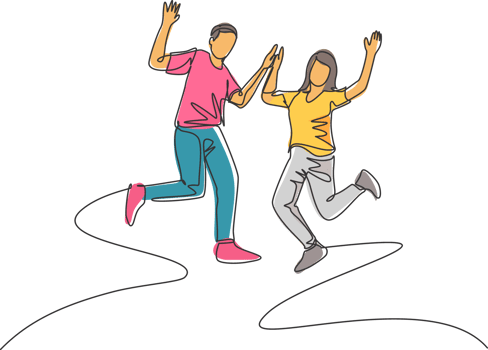 Single line drawing of young happy student couple jumping to celebrate their final exam result graduation together. Campus life education concept. Continuous line draw design illustration png