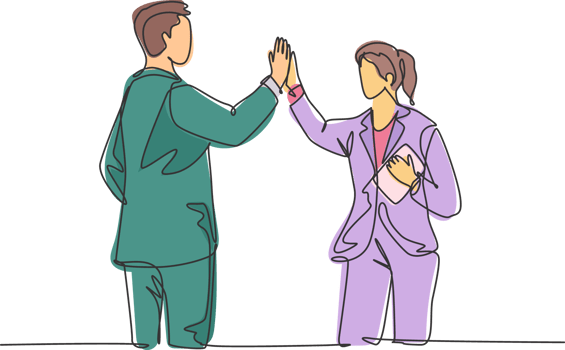 One line drawing of young happy businessman and businesswoman celebrating their successive goal with high five gesture. Business deal concept continuous line draw design graphic illustration png