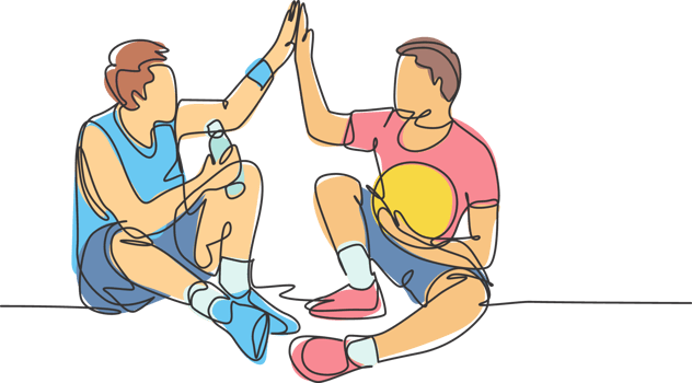 One line drawing of two young happy men take a rest after playing basketball at court and giving high five gesture. Sport game concept continuous line draw graphic design illustration png