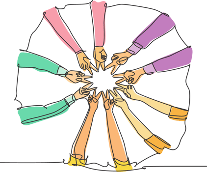 One line drawing of young happy people join their hands together to show teamwork and unity and create circle shape. Team building concept continuous line draw design graphic illustration png