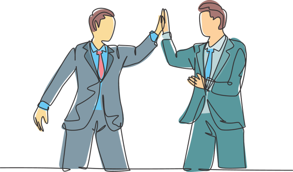 One line drawing of two young happy businessmen celebrating their successive goal at the business meeting with high five gesture. Business deal concept continuous line draw design illustration png