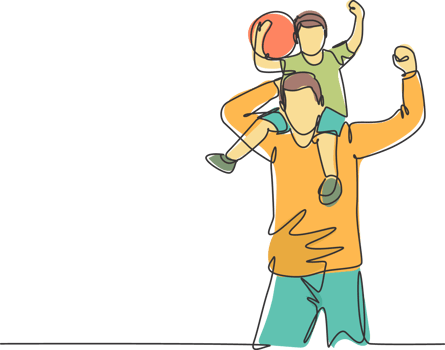 One line drawing of young happy father lift up his kids on the shoulder and playing together at outdoor park. Parenting family concept. Continuous line draw design graphic illustration png