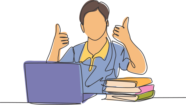 Single line drawing of young happy male college student study in the campus library beside stack of books and laptop. Education concept. Continuous line draw design illustration png