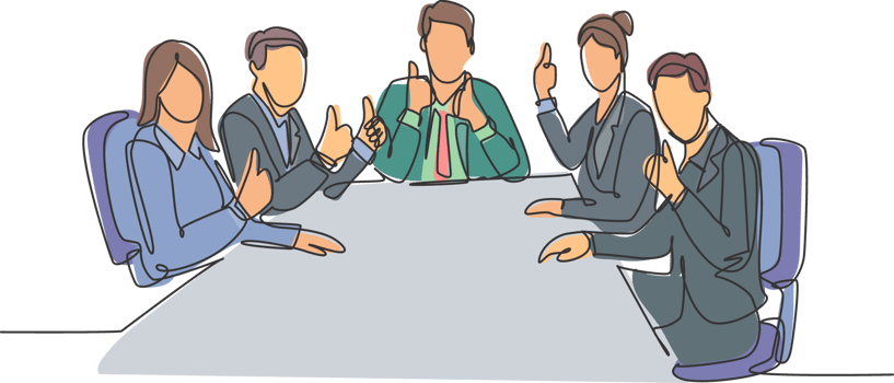 Single line drawing group of young happy businessmen and businesswomen siting on same desk together giving thumbs up gesture. Business meeting concept. Continuous line draw design illustration png