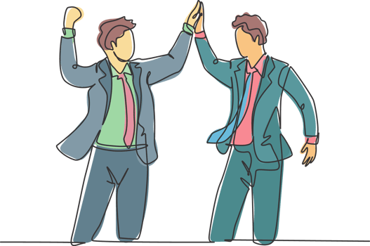 One line drawing of two young happy businessmen celebrating their successive goal with high five gesture together. Business deal concept continuous line draw design graphic illustration png