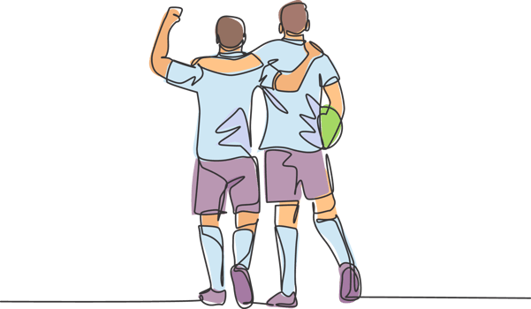 Continuous line drawing of two football player bring a ball and walking together to show sportsmanship. Respect in soccer sport concept. One line drawing illustration png