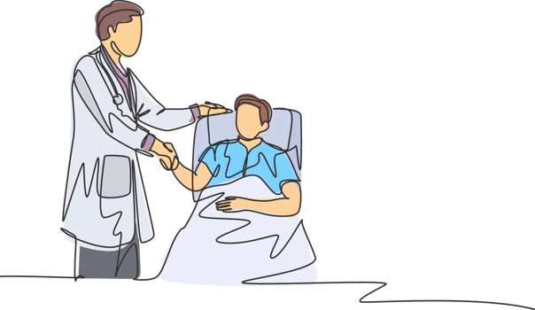 Continuous line drawing of young doctor visit a patient laying at bed in hospital and handshaking him to ask the condition - one line drawing png