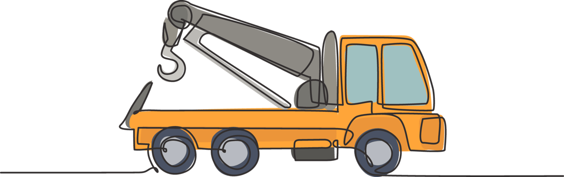 Single continuous line drawing the tow truck seen from the side is ready to help the driver whose car is damaged on the highway. Insurance facility. One line draw graphic design illustration. png