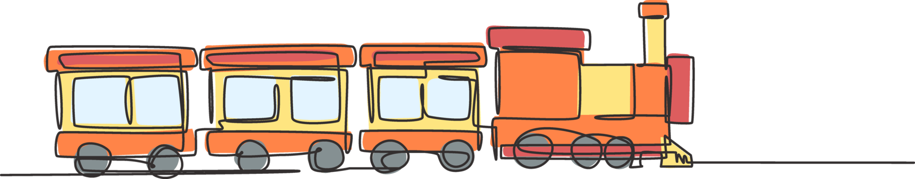 Single one line drawing of a train locomotive with three carriages in the form of a roving steam system in an amusement park to transport passengers. One line draw design graphic illustration. png