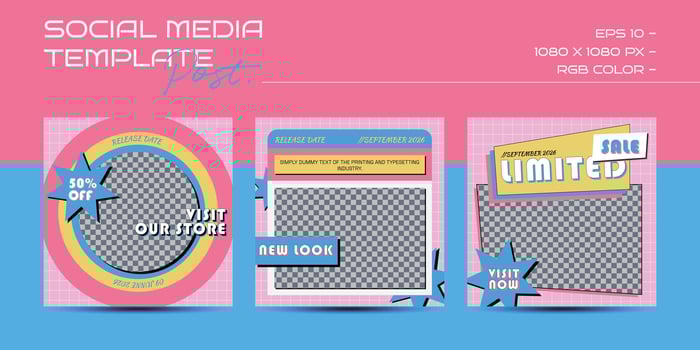 Linear vaporwave instagram post templates. Social media set design. Abstract retro aesthetic groovy backgrounds pack vector