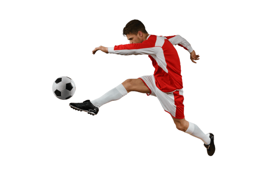 Soccer  player kicks the soccerball in the air by jumping png