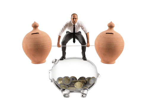 Powerful and determined  businessman trains with a barbell with piggy banks png