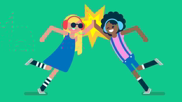 Two Happy teenagers giving high five, Hit the hand gesture. Friendship and communication concept, blonde teenage and african afro girl celebrate, Flat avatar vector illustration.