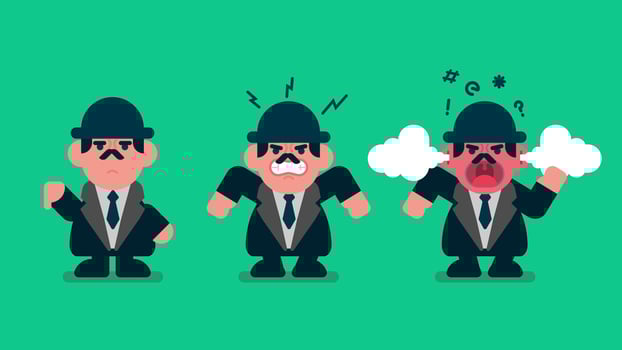 Angry Businessman doing dislike sign, very angry short man with mustache wear suit, Cursing and smelling, white smoke out of his head with red face, Flat avatar vector illustration.