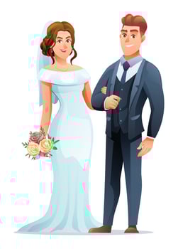 Wedding couple character of man and woman just married. Happy bridegroom in wedding dress with bouquet vector