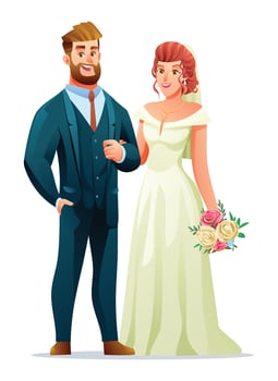 Illustration of wedding couple characters. Happy bridegroom in wedding dress. Bride holding bouquet vector
