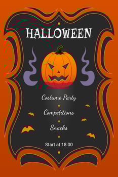 Halloween party poster, announcement with traditional pumpkin and curvy black frame, Halloween celebration event, Happy Halloween. vector