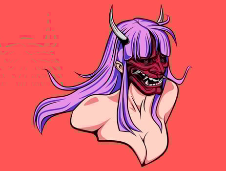 Red Oni Mask Samurai Girls Pink Hair  Style T-Shirt Illustration Design , Suitable for T-Shirt Design, Poster, Logo , and Wallpaper vector