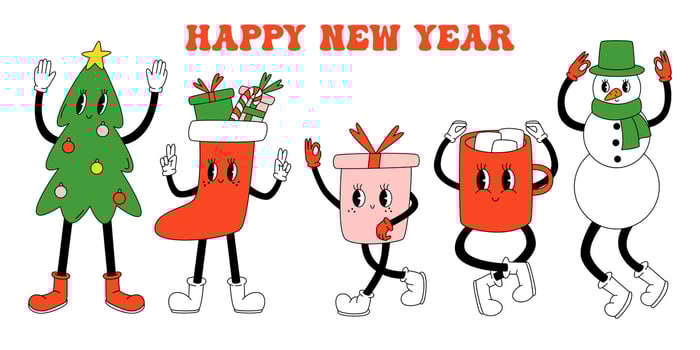 Set 70s, 80s groovy hippie characters. Christmas tree, sock with gift box, mug with cocoa and marshmallow, snowman, gift box characters. Christmas holiday, happy new year. Vector cartoon illustration.