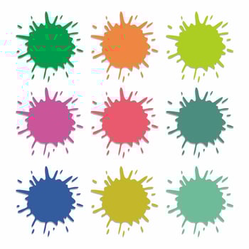 Paint splatter colorful set. Round splash flat collection. Cartoon splatters. Stain colored ink collection. Isolated vector illustration
