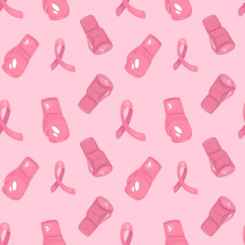 Breast cancer awareness month seamless pattern with pink ribbon and gloves vector