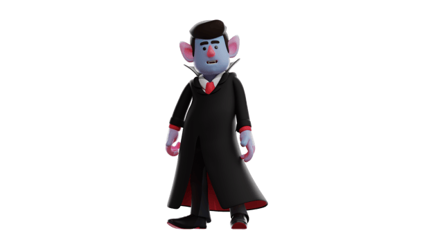 3D illustration. Dracula 3D Cartoon Character. Dracula who stands and looks charming. Dracula is wearing a luxurious robe. The silent Vampire looks around. 3D Cartoon Character png