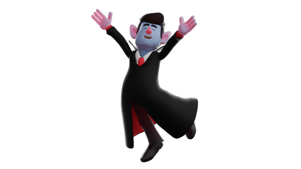 3D illustration. Happy Dracula 3D Cartoon Character. Dracula in a dancing pose. Dracula raised his hands up while twisting his body. Dracula really enjoyed his activities. 3D Cartoon Character png