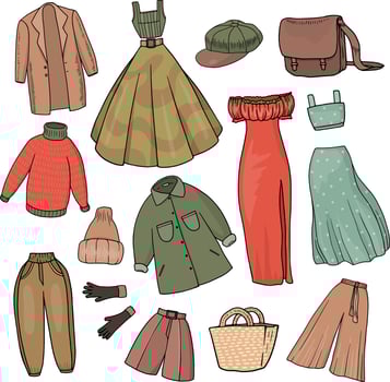 Set of clothes for woman. Collection of things. Coat, midi dress, culottes, oversized shirt, shorts, hat, gloves, purse bag, messenger bag, sweater, midi skirt, joggers, top vector