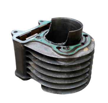 damaged motorcycle piston cylinder block due to incorrect installation of the piston head and late oil change png