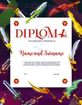 Kids knight diploma, magic sword blade certificate vector