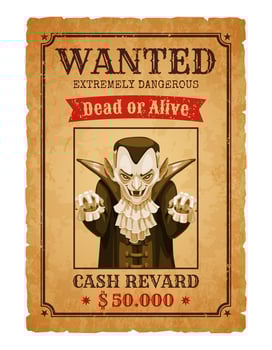 Halloween wanted banner, cartoon dracula monster vector