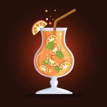 Natural orange juice in a glass. Fresh squeezed juice with cut slice. Healthy organic food. Citrus fruit. Vector illustration in flat trendy style isolated on white background