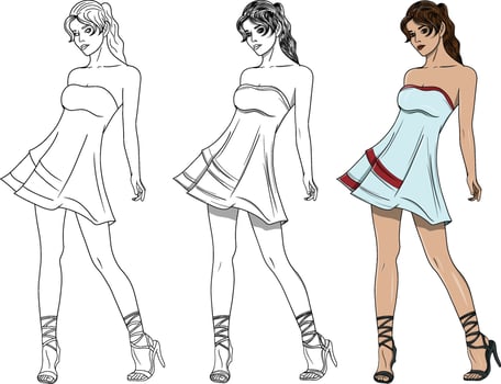 Cute Girl In Soft Blue Dress Coloring Pages Drawing vector