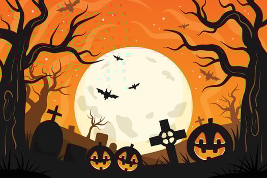 Halloween card template with full moon, spooky castle, pumpkins and bats. vector
