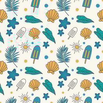 Colorful seamless summer pattern background with tropical leaves ice cream sun and star fish vector