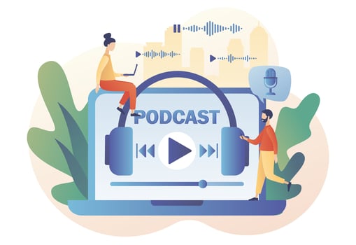Podcast concept. Tiny people listening audio, online training, radio show or audio blog via laptop. Podcasting. Modern flat cartoon style. Vector illustration on white background