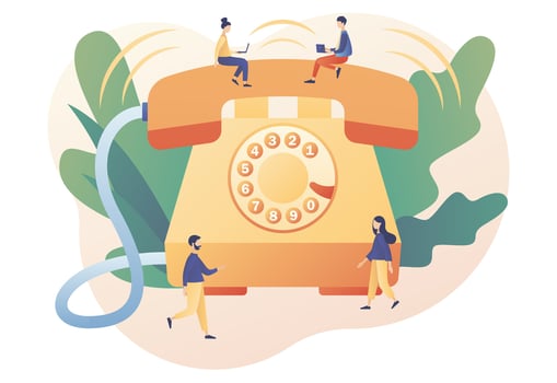 Big retro phone and tiny people. Phone Call. Incoming call concept. Communication device. Modern flat cartoon style. Vector illustration on white background