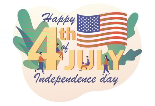 Tiny people celebrate United States Of America Independence Day. Happy 4th of July - big text. Fourth of July. Modern flat cartoon style. Vector illustration on white background
