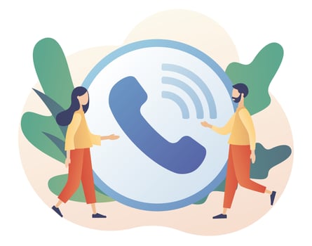 Big Accept Button. Tiny people receive incoming call. Phone Call. Communication concept. Modern flat cartoon style. Vector illustration on white background